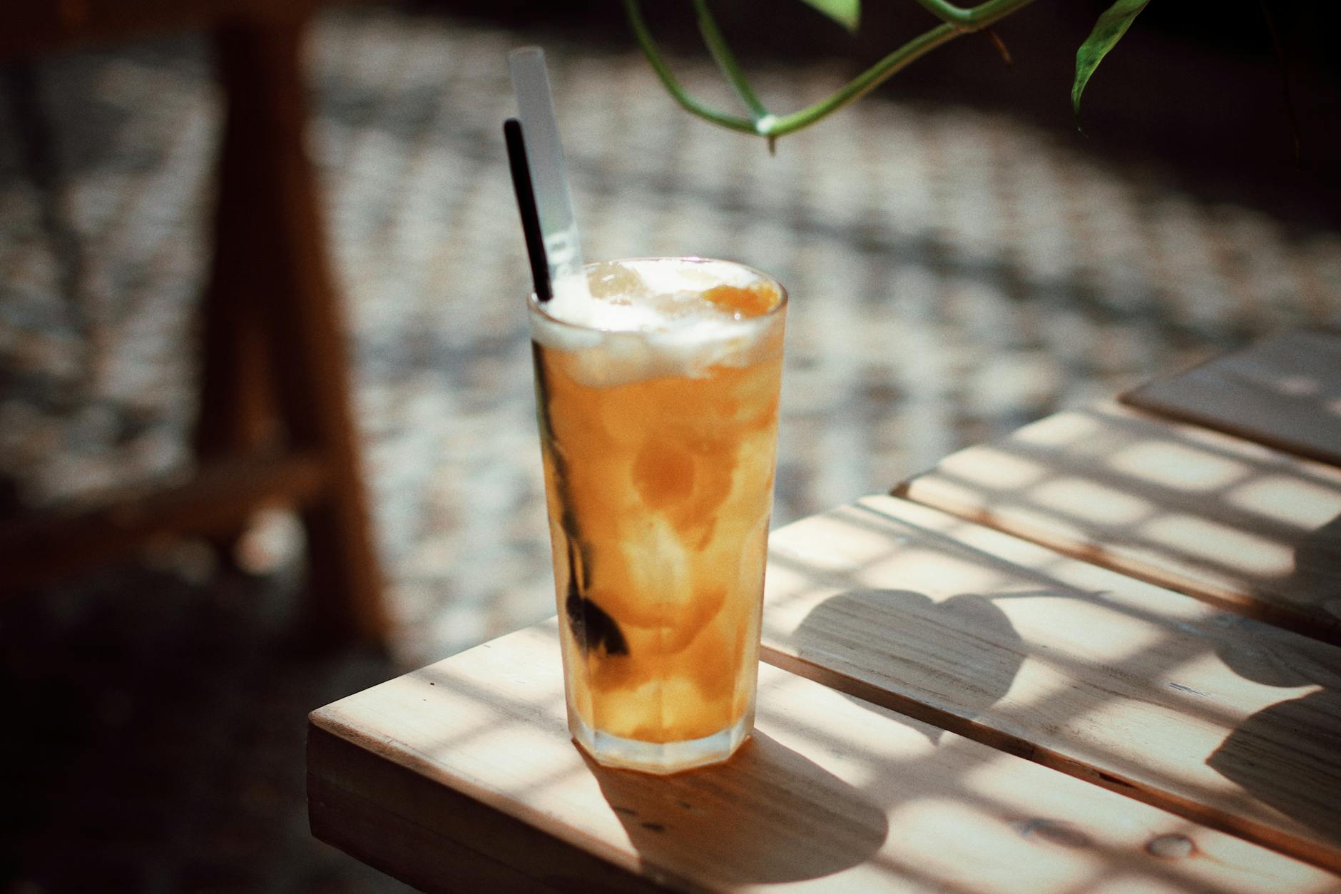 Refreshing iced drinks on an outdoor patio table