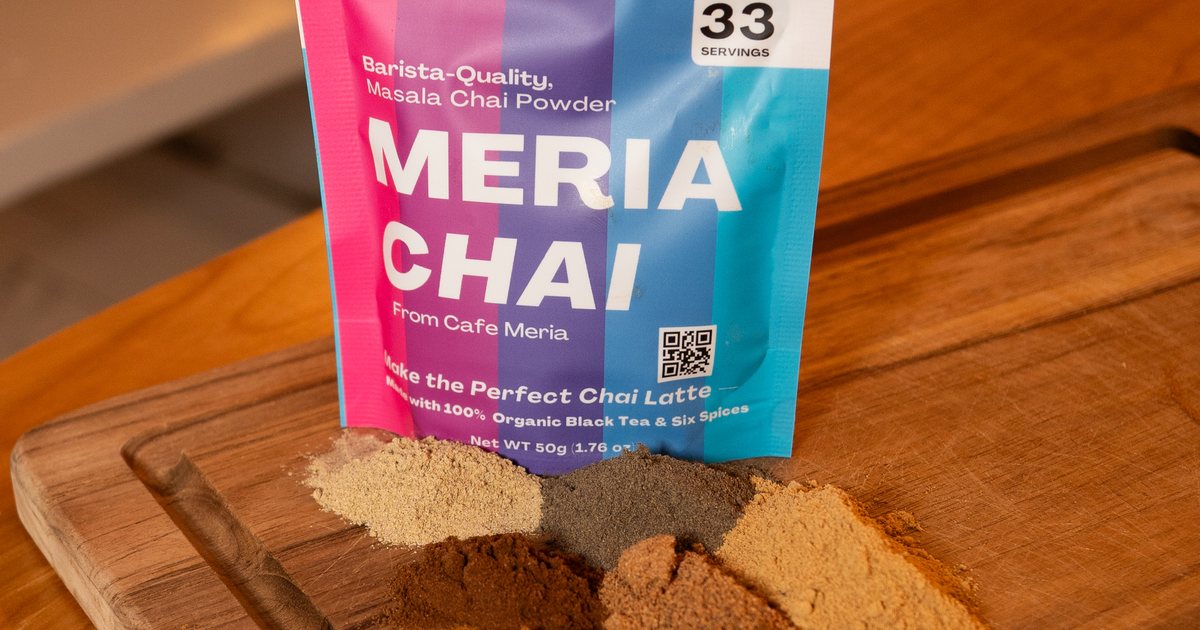 Meria Chai instant masala chai powder pouch — 50 grams, 33 servings, six organic-sourced spices, no sugar.
