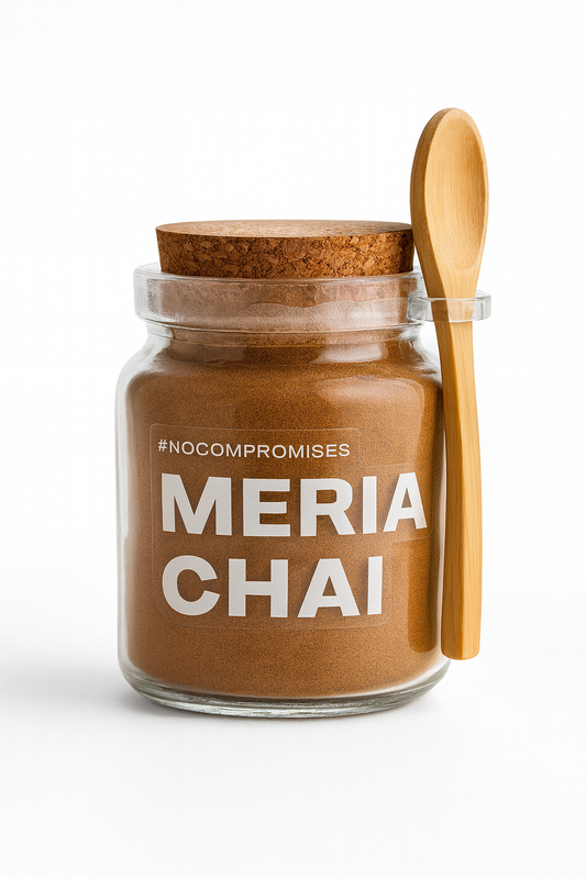 Meria Chai 100g glass jar with bamboo scoop - 66 servings organic instant chai
