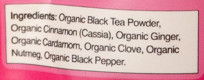 The ingredient panel on a Meria Chai pouch: organic black tea powder, organic cinnamon (cassia), organic ginger, organic cardamom, organic clove, organic nutmeg, organic black pepper